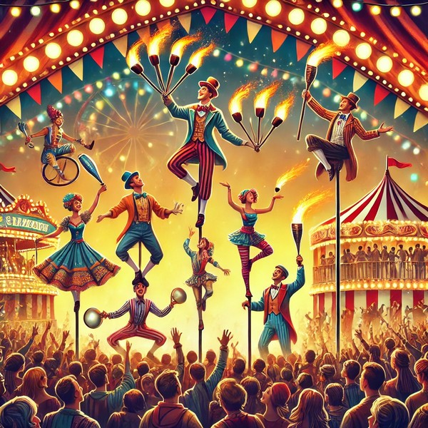 Langage, des images et des mots, fête foraine, jongleurs et acrobates