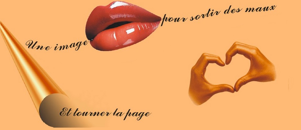 Aphasie,  rééducation des troubles du langage par l'image et les mots. Bannière illustrée : une bouche rouge, un cœur formé par deux mains, une page recourbée avec le texte 'Une image pour sortir des maux' et 'Et tourner la page'.