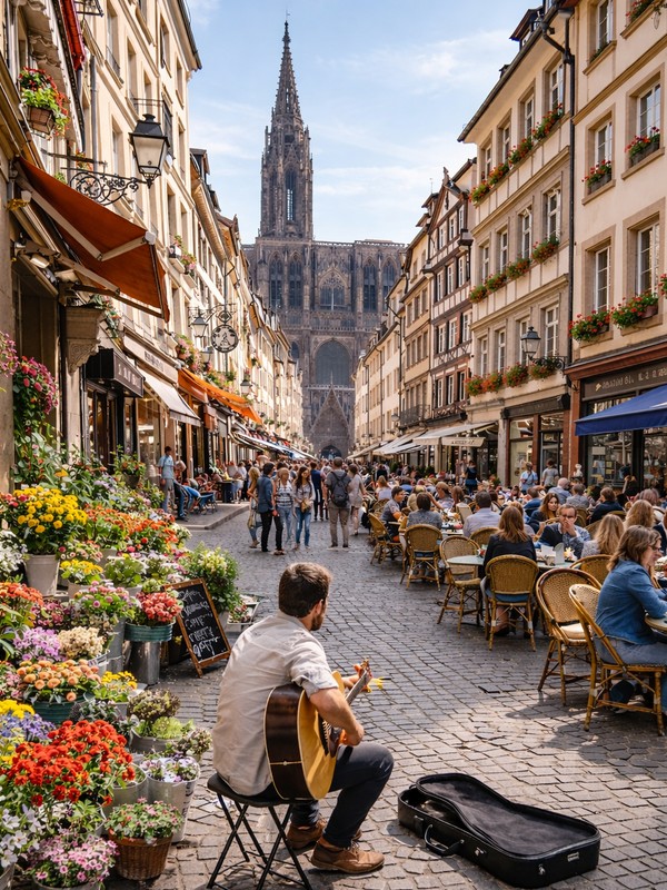 Aphasie, Puzzle numérique – Rue animée avec terrasses et musicien